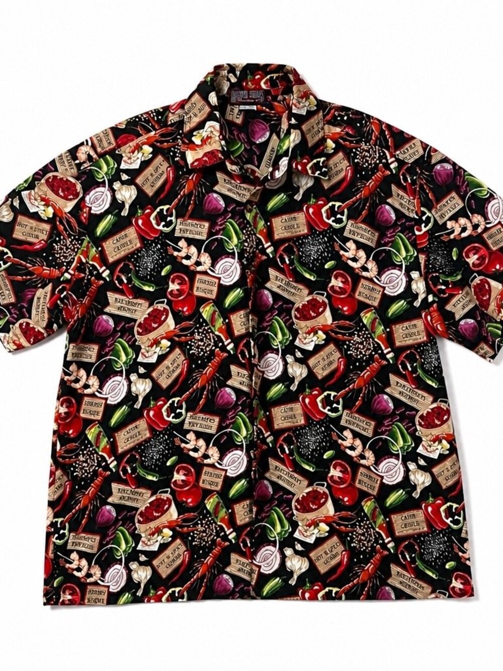 High Seas Trading Co Cajun Creole Gumbo Shrimp Print Aloha Shirt Men Large USA